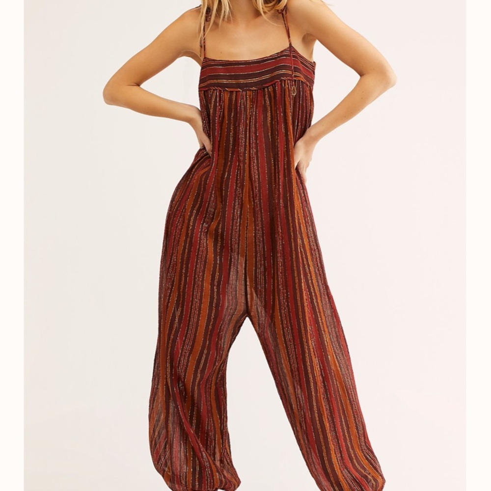 NWT Free People Harem Lurex Jumpsuit brown gold red sleeveless women’s size S - Picture 8 of 13
